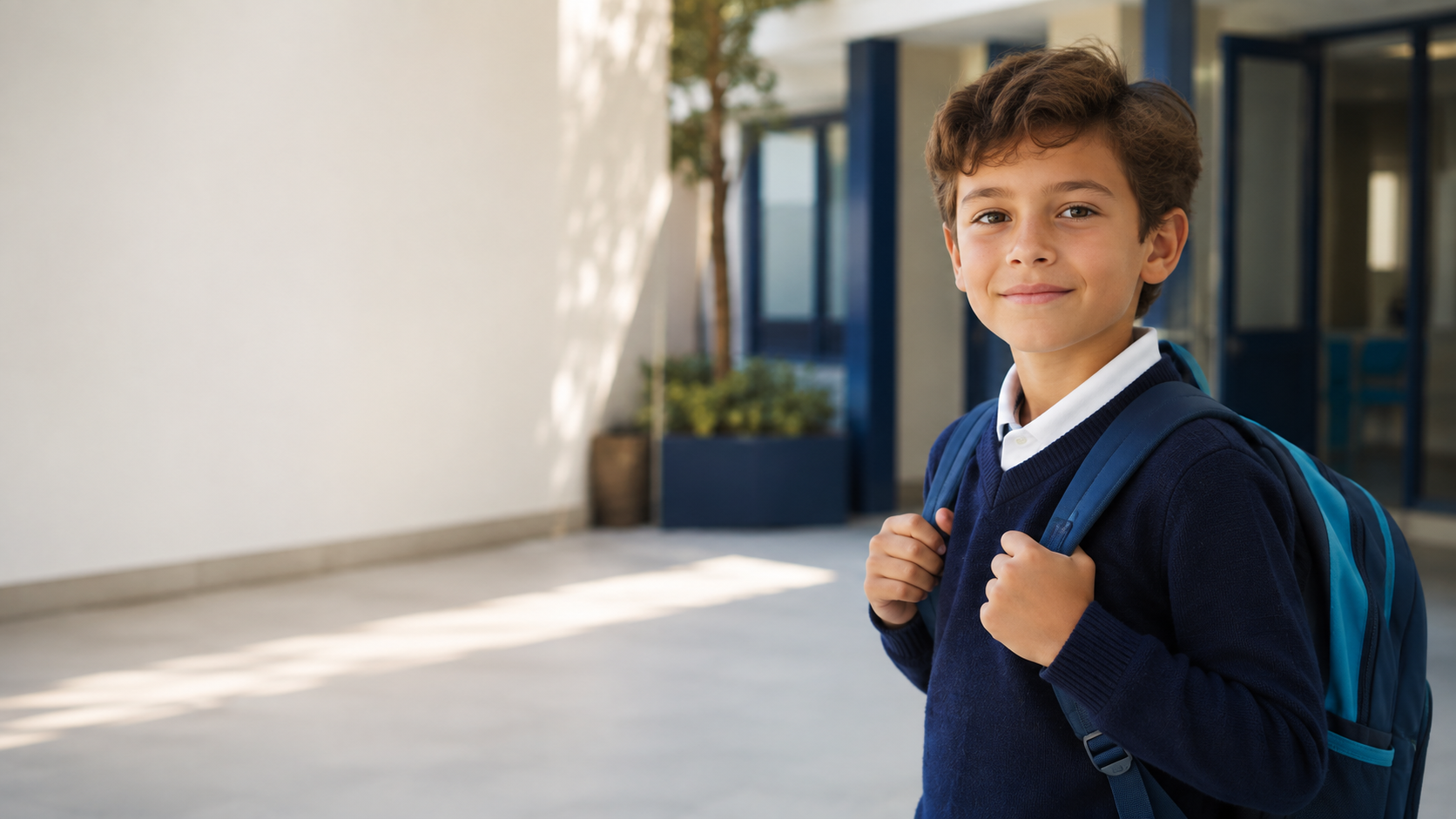 Alumno con mochila en el patio de su colegio